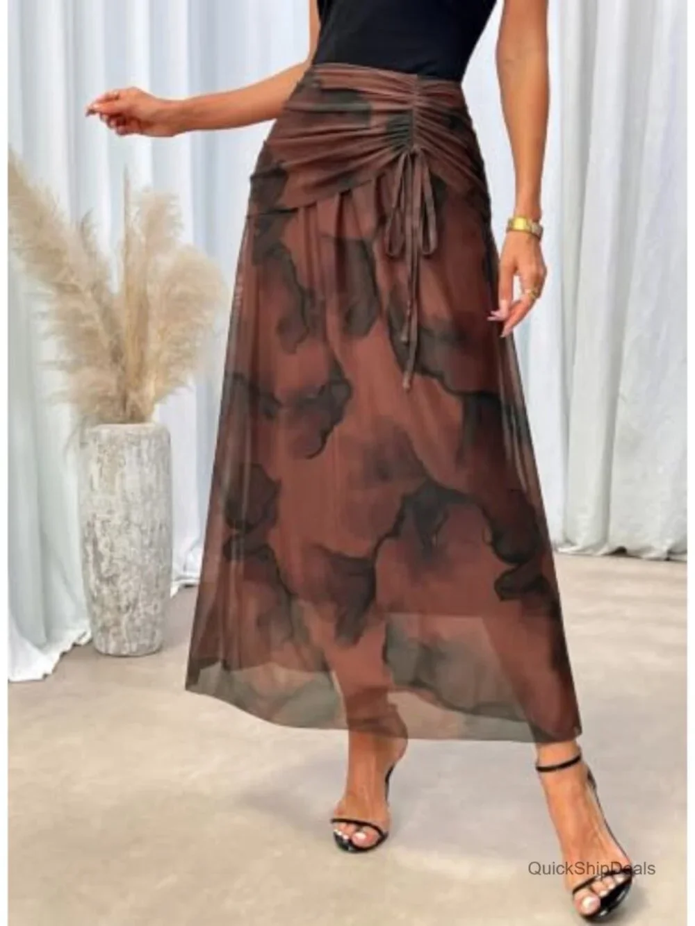 Boho Floral Maxi Skirt High Waist Elastic A-Line Flowy